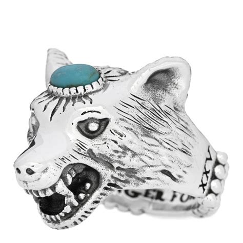 GUCCI Sterling Silver Turquoise Anger Forest Wolf Head Ring 60 .